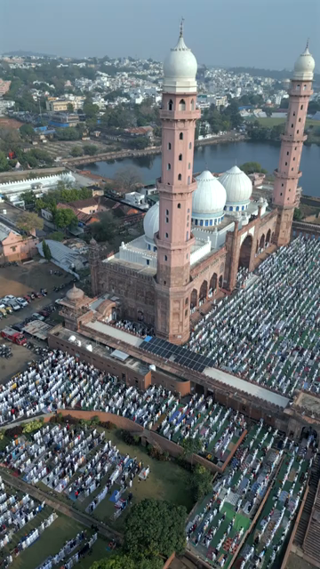 Vertical Aerial View of Eid Prayers at Taj-ul-Masajid, Bhopal, India