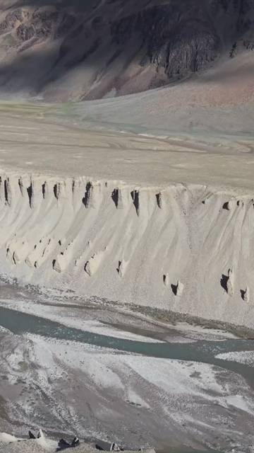 Vertical Aerial View of Eroded River Valley Landscape in Ladakh, India