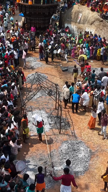 27th April 2026 : Vertical Aerial View of Firewalking Ceremony at Kundrakudi Murugan Temple Festival in Sivaganga India