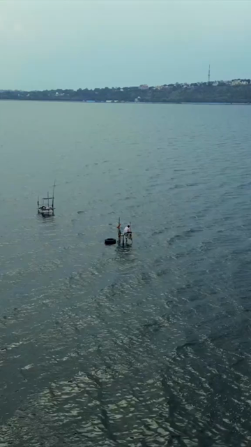 Vertical Aerial View of Fishermen on Narmada River Near Jabalpur, India