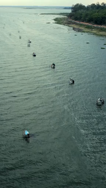 Vertical Aerial View of Fishermen on Narmada River Near Jabalpur, India