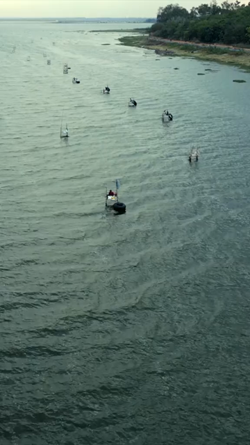 Vertical Aerial View of Fishermen on Narmada River Near Jabalpur, India