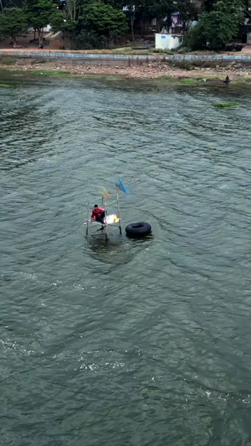 Vertical Aerial View of Fishermen on Narmada River Near Jabalpur, India
