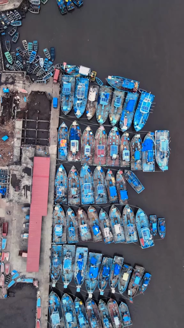 Vertical Aerial View of Fishing Boats on Mandovi River Goa India