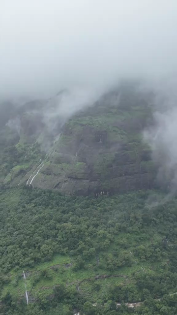 Vertical Aerial View of Fog and Waterfall in Maharashtra India