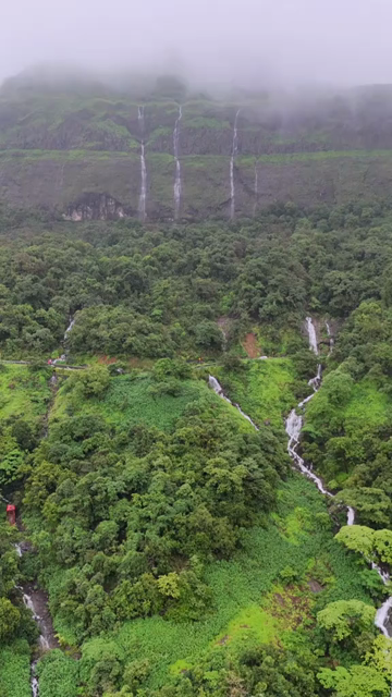 Vertical Aerial View of Fog and Waterfall in Maharashtra India