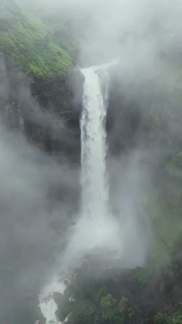 Vertical Aerial View of Fog and Waterfall in Maharashtra India