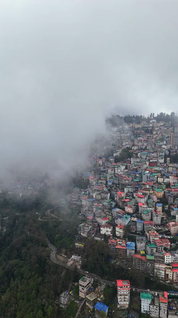 Vertical Aerial View of Gangtok Cityscape and Hillside Buildings Sikkim India