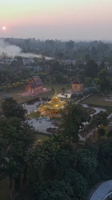 Vertical Aerial View of Golden Pagoda in Arunachal Pradesh India