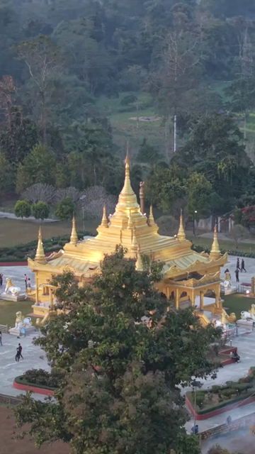 Vertical Aerial View of Golden Pagoda in Arunachal Pradesh India