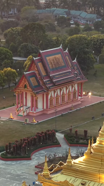 Vertical Aerial View of Golden Pagoda in Arunachal Pradesh India