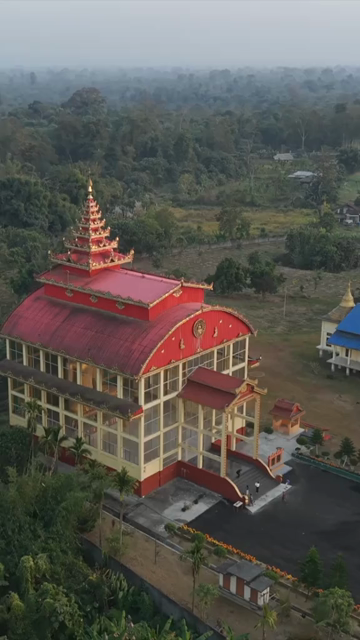 Vertical Aerial View of Golden Pagoda in Arunachal Pradesh India