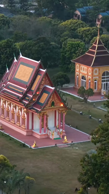 Vertical Aerial View of Golden Pagoda in Arunachal Pradesh India