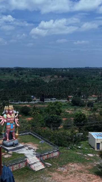 Vertical Aerial View of Guddada Ranganatha Temple and Panchamukhi Hanuman Statue, Karnataka