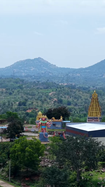 Vertical Aerial View of Guddada Ranganatha Temple and Panchamukhi Hanuman Statue, Karnataka