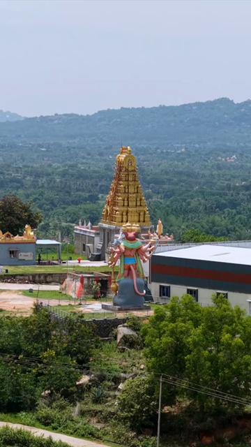 Vertical Aerial View of Guddada Ranganatha Temple and Panchamukhi Hanuman Statue, Karnataka