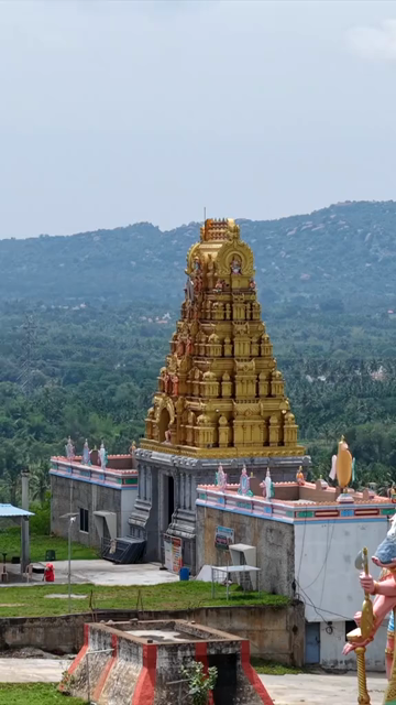 Vertical Aerial View of Guddada Ranganatha Temple and Panchamukhi Hanuman Statue, Karnataka