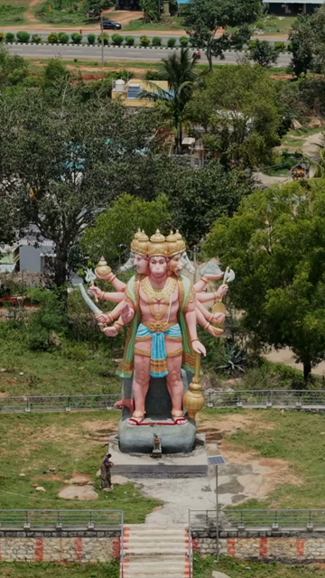 Vertical Aerial View of Guddada Ranganatha Temple and Panchamukhi Hanuman Statue, Karnataka