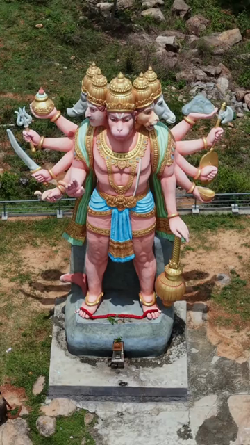 Vertical Aerial View of Guddada Ranganatha Temple and Panchamukhi Hanuman Statue, Karnataka