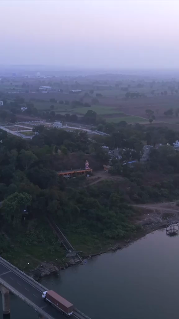 Vertical Aerial View of Hanuman Temple on the Banks of the Narmada River, Madhya Pradesh, India