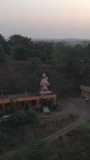 Vertical Aerial View of Hanuman Temple on the Banks of the Narmada River, Madhya Pradesh, India