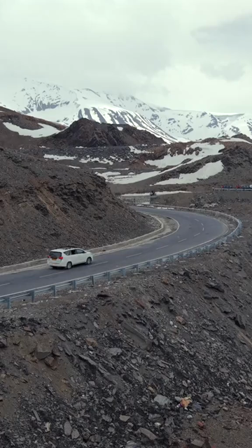 Vertical Aerial View of High Altitude Lake and Mountain Road in Ladakh