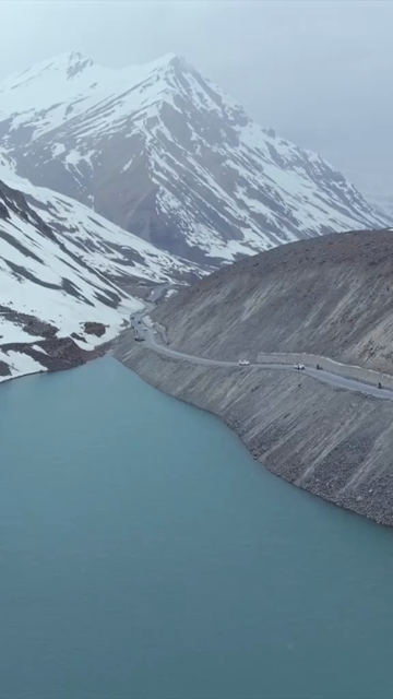 Vertical Aerial View of High Altitude Lake and Mountain Road in Ladakh