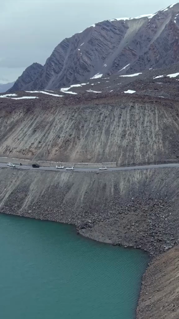 Vertical Aerial View of High Altitude Lake and Mountain Road in Ladakh