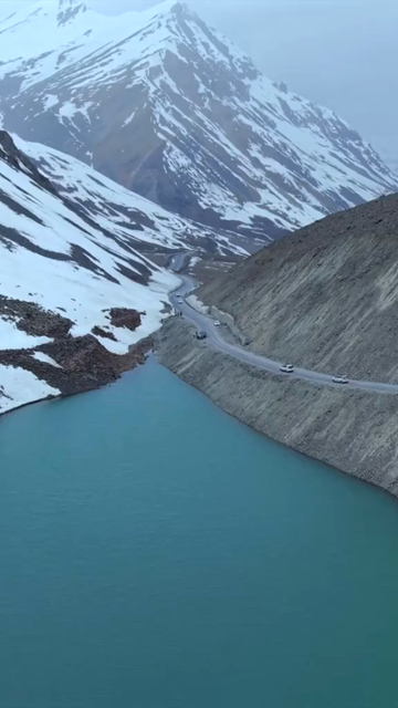 Vertical Aerial View of High Altitude Lake and Mountain Road in Ladakh