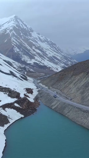 Vertical Aerial View of High Altitude Lake and Mountain Road in Ladakh