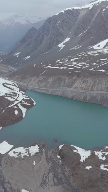 Vertical Aerial View of High Altitude Lake and Mountain Road in Ladakh