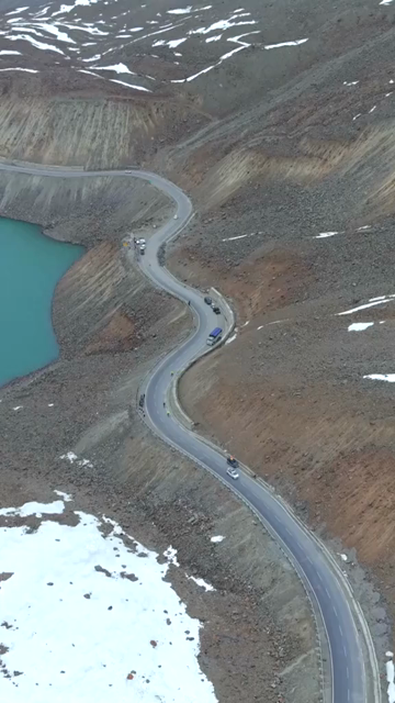 Vertical Aerial View of High Altitude Lake and Mountain Road in Ladakh