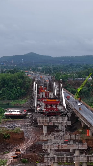 Vertical Aerial View of Highway Bridge Construction Jabalpur, Madhya Pradesh, India
