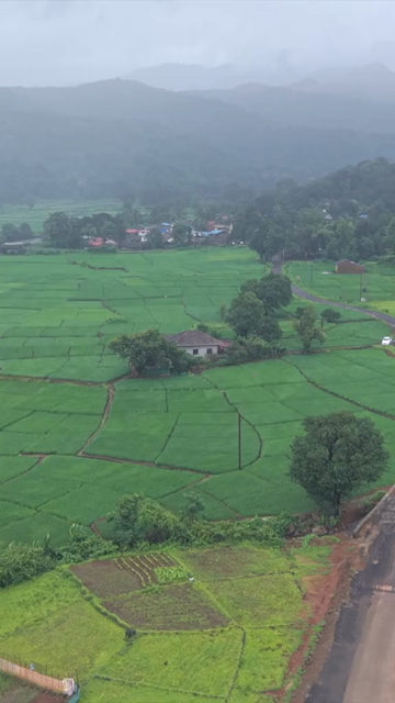 Vertical Aerial View of Lush Green Hills and Winding Roads in Ratnagiri Maharashtra India