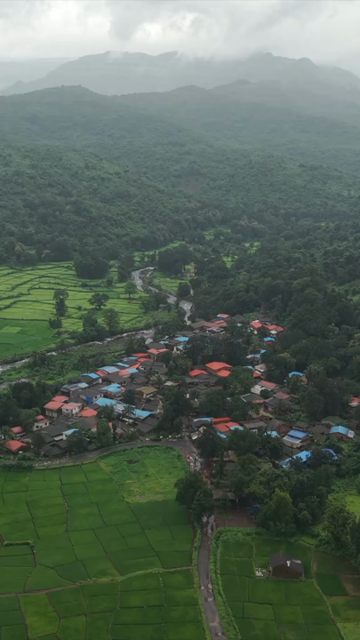 Vertical Aerial View of Lush Green Hills and Winding Roads in Ratnagiri Maharashtra India
