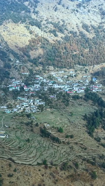 Vertical Aerial View of Himalayan Village near Deoria Tal Uttarakhand India