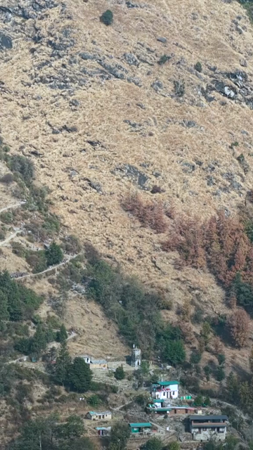 Vertical Aerial View of Himalayan Village near Deoria Tal Uttarakhand India