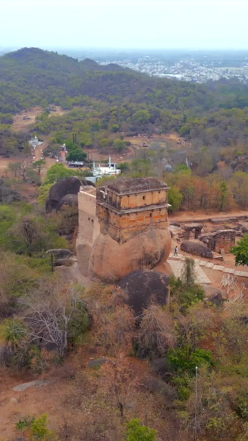 Vertical Aerial View of Historic Hilltop Ruins Overlooking Jabalpur, India