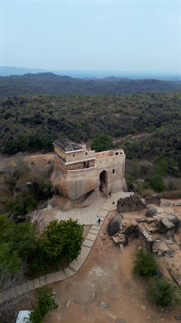 Vertical Aerial View of Historic Hilltop Ruins Overlooking Jabalpur, India