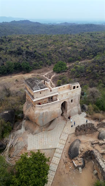 Vertical Aerial View of Historic Hilltop Ruins Overlooking Jabalpur, India