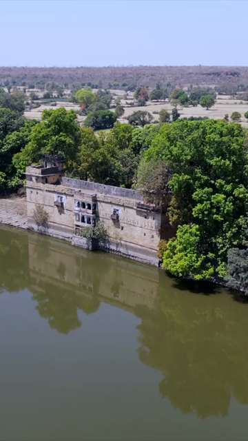 Vertical Aerial View of Historic Stepwell and Water Body in Chanderi Madhya Pradesh