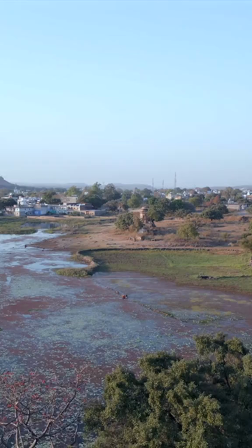 Vertical Aerial View of Historic Stepwell and Water Body in Chanderi Madhya Pradesh