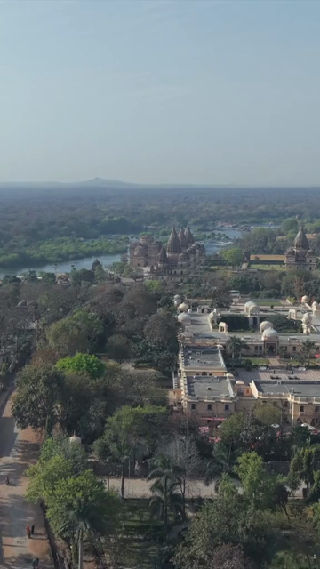 Vertical Aerial View of Historic Temples and Heritage Architecture in Orchha, Madhya Pradesh