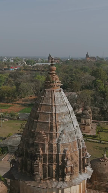 Vertical Aerial View of Historic Temples and Heritage Architecture in Orchha, Madhya Pradesh