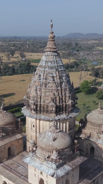 Vertical Aerial View of Historic Temples and Heritage Architecture in Orchha, Madhya Pradesh