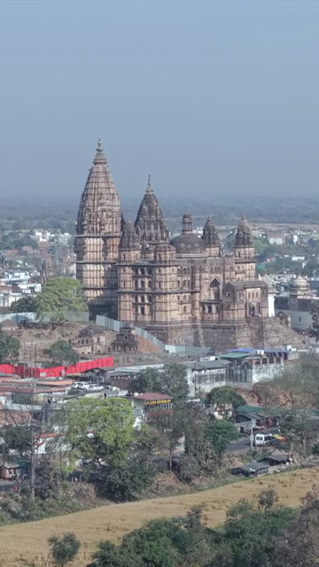 Vertical Aerial View of Historic Temples and Heritage Architecture in Orchha, Madhya Pradesh