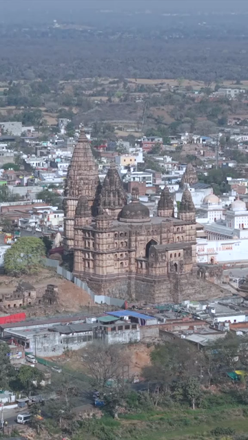 Vertical Aerial View of Historic Temples and Heritage Architecture in Orchha, Madhya Pradesh