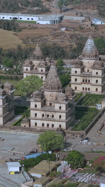 Vertical Aerial View of Historic Temples and Heritage Architecture in Orchha, Madhya Pradesh