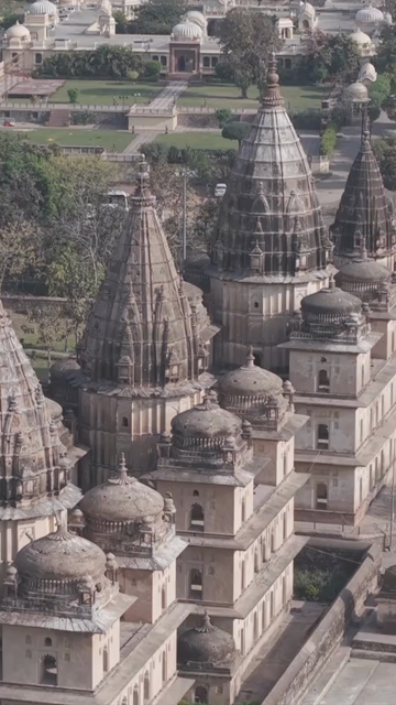 Vertical Aerial View of Historic Temples and Heritage Architecture in Orchha, Madhya Pradesh