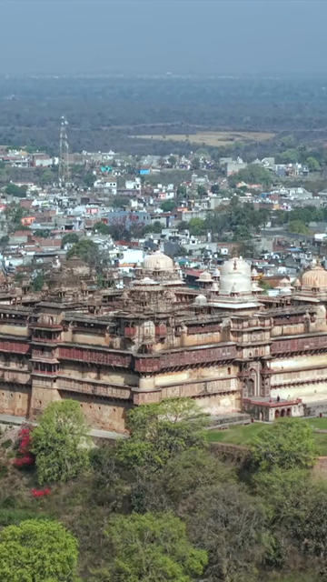 Vertical Aerial View of Historic Temples and Heritage Architecture in Orchha, Madhya Pradesh